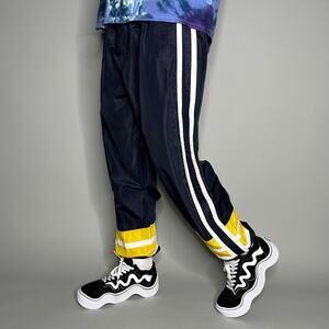 Vintage 90s Track Pants Mens M Baggy Navy Blue Yellow White Nylon Joggers